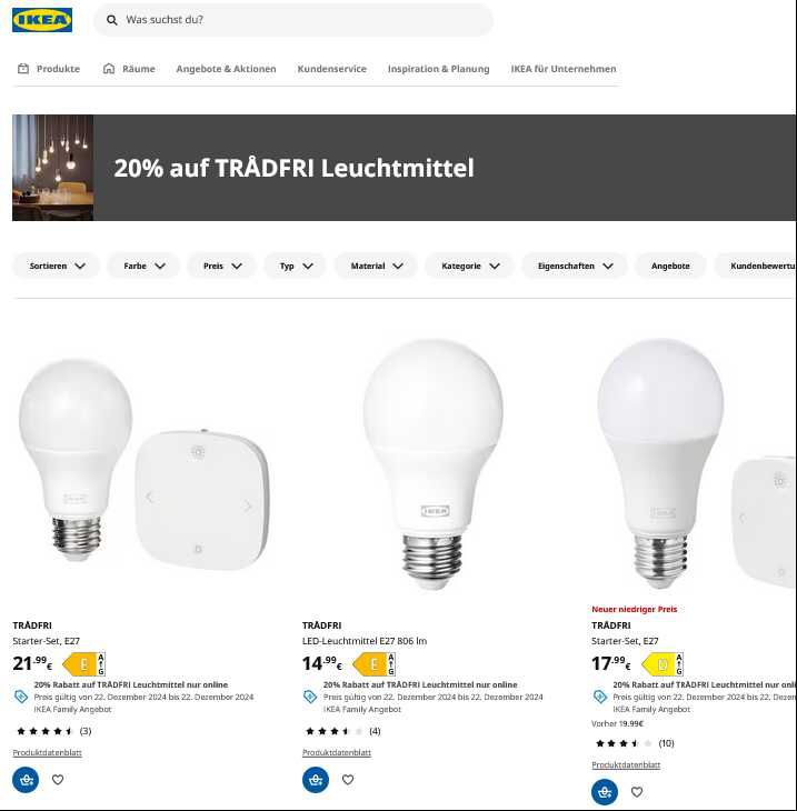 IKEA: Heute 20 % Rabatt auf TRÅDFRI Leuchtmittel