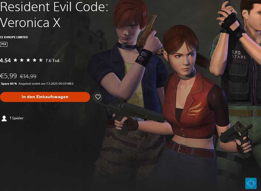 Resident Evil Code: Veronica X im PlayStation Store  5,99€ statt  14,99€