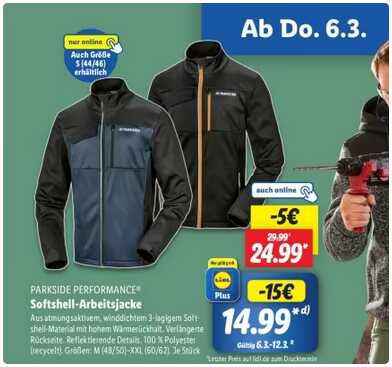 LIDL Plus: PARKSIDE Performance Softshell Arbeitsjacke 14,99€ statt  29,99€  (Ab 06.03.)