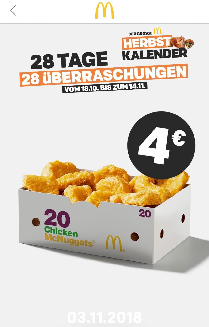 Info! McDonalds Herbst Kalender - heute mit der App: 20 Chicken 