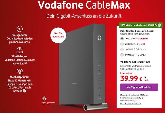 Vodafone Cablemax Gigabit Tarif Dauerhaft (!) Für 39,99€ Mtl.