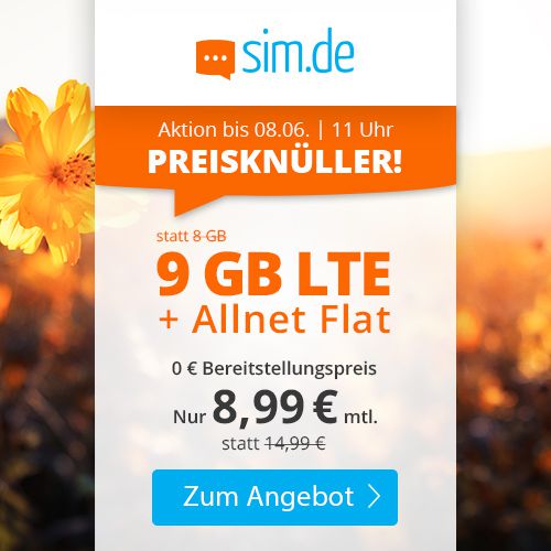 Sim.de: O2 Allnet-Flat Mit 9GB LTE Für 8,99€ Mtl. - Auch Ohne Laufzeit